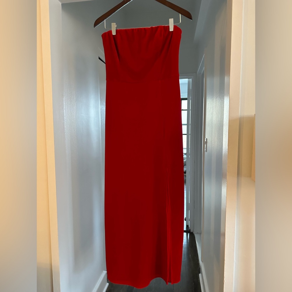 Red velvet Reformation strapless dress